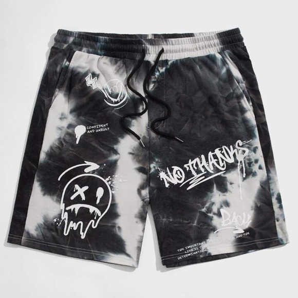 Dark Blue & White Tie-Dye Drawstring Graffiti Comfy Shorts (S) - Picture 6 of 7